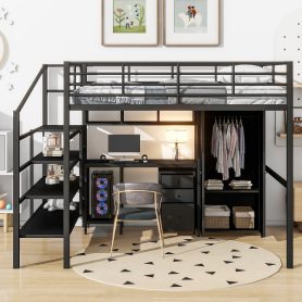 Metal Loft Bed With Table Set And Wardrobe, Full Size