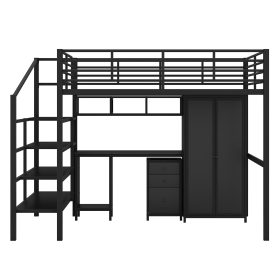 Metal Loft Bed With Table Set And Wardrobe, Full Size