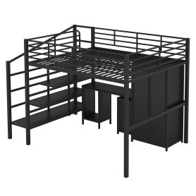 Metal Loft Bed With Table Set And Wardrobe, Full Size