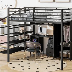 Metal Loft Bed With Table Set And Wardrobe, Full Size