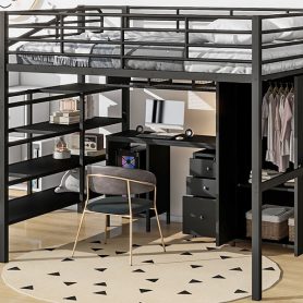 Metal Loft Bed With Table Set And Wardrobe, Full Size