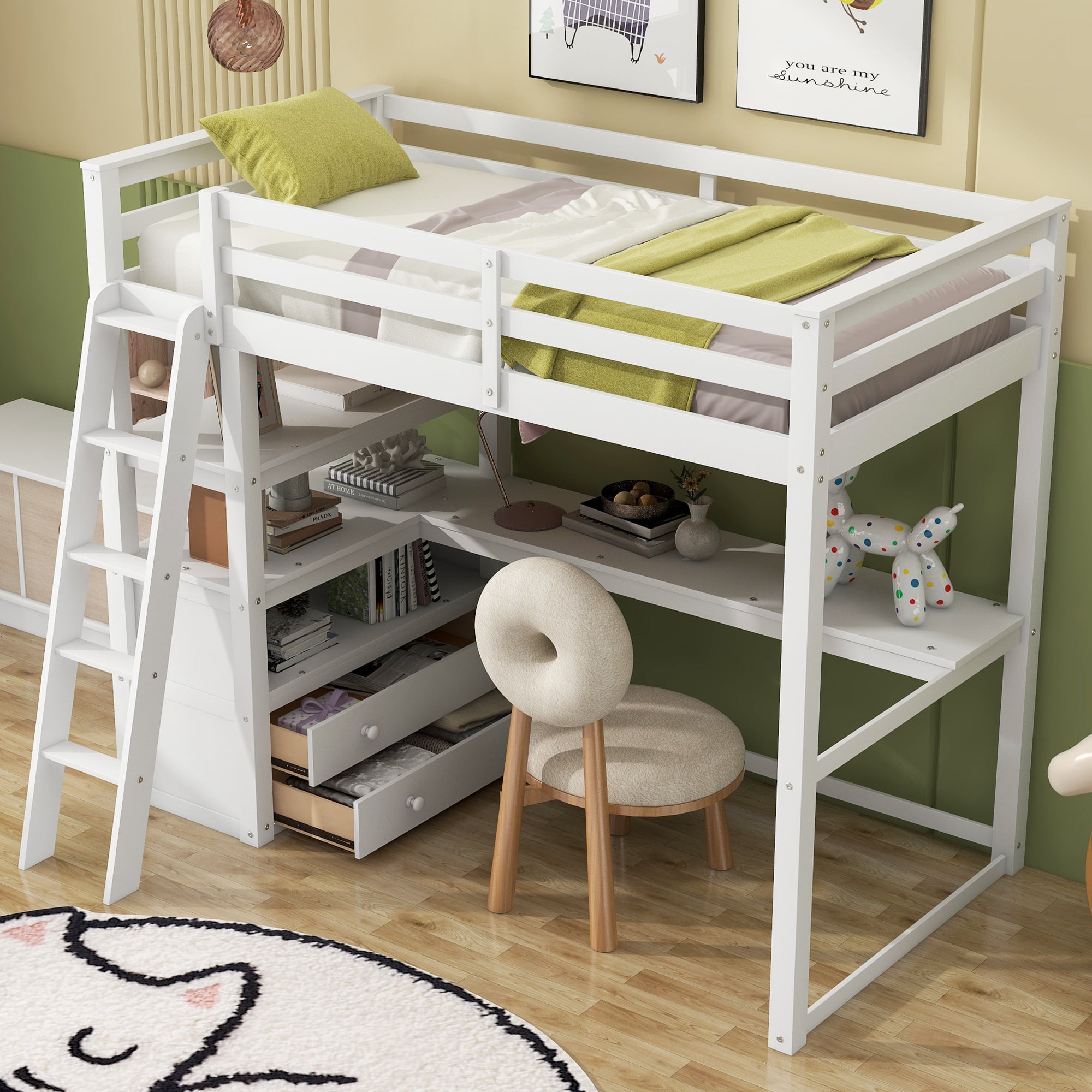 Wood Twin Size Loft Bed with Desk and Shelves, Two Built-in Drawers