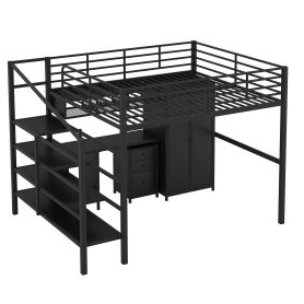 Metal Loft Bed With Table Set And Wardrobe, Full Size