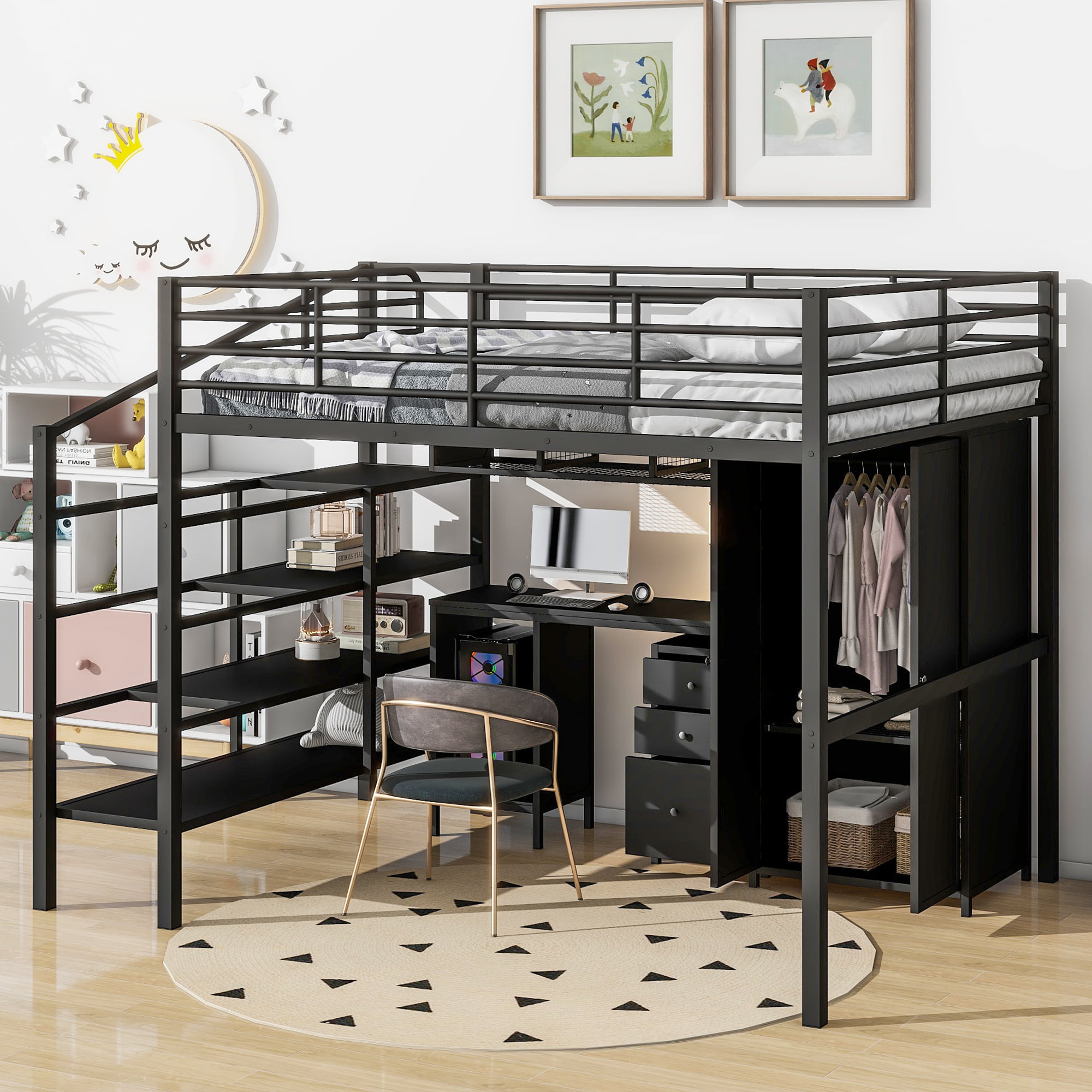 Metal Loft Bed With Table Set And Wardrobe, Full Size