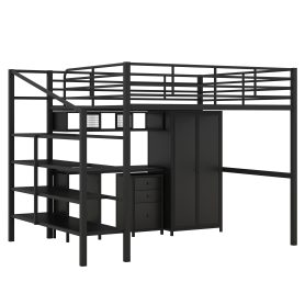 Metal Loft Bed With Table Set And Wardrobe, Full Size