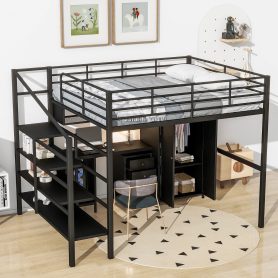 Metal Loft Bed With Table Set And Wardrobe, Full Size
