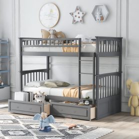 Wood Twin Over Twin Bunk Bed With Drawers, Convertible Beds