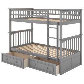 Wood Twin Over Twin Bunk Bed With Drawers, Convertible Beds