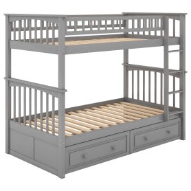 Wood Twin Over Twin Bunk Bed With Drawers, Convertible Beds