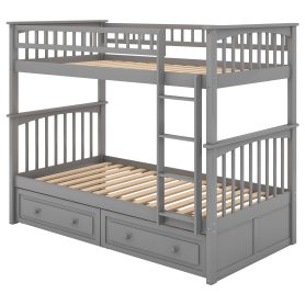 Wood Twin Over Twin Bunk Bed With Drawers, Convertible Beds