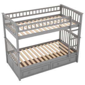 Wood Twin Over Twin Bunk Bed With Drawers, Convertible Beds