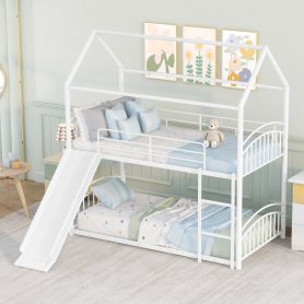House Shape Twin Over Twin Metal Bunk Bed With Slide