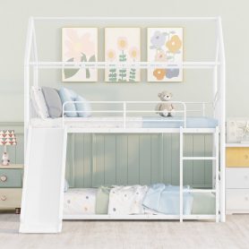 House Shape Twin Over Twin Metal Bunk Bed With Slide