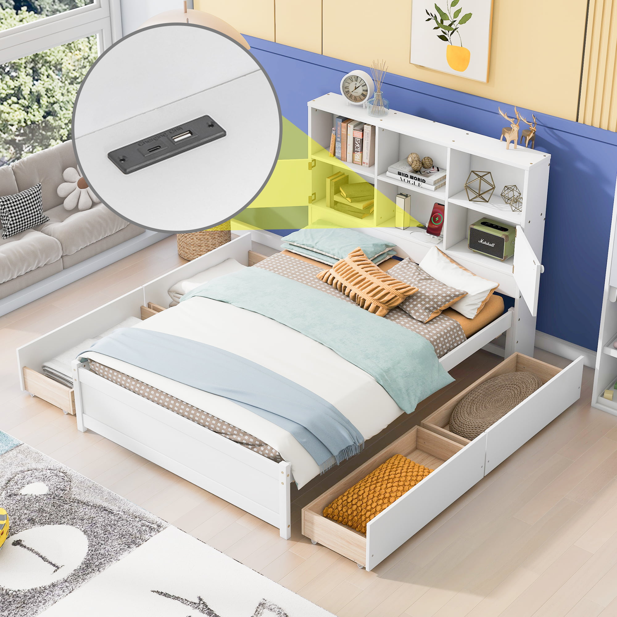 Full Size Platform Bed with Storage Headboard, Charging Station and 4 Drawers