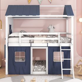 Twin Size Bunk Wood House Bed with Elegant Windows, Sills and Tent
