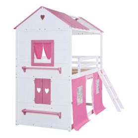 Full Size Bunk Wood House Bed with Elegant Windows, Sills and Tent
