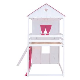 Full Size Bunk Wood House Bed with Elegant Windows, Sills and Tent