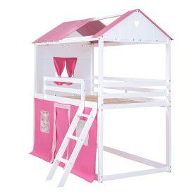Full Size Bunk Wood House Bed with Elegant Windows, Sills and Tent