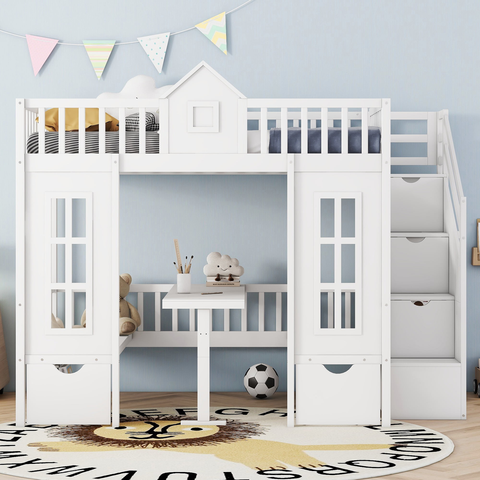 Full over Full Bunk Bed With Changeable Table, Separable Bunk Bed Turn Into Upper Bed And Down Desk