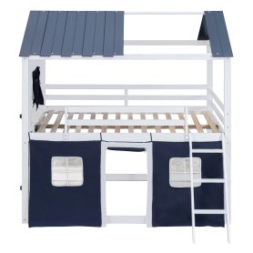 Twin Size Bunk Wood House Bed with Elegant Windows, Sills and Tent