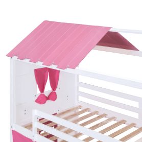 Full Size Bunk Wood House Bed with Elegant Windows, Sills and Tent