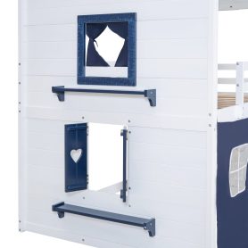 Twin Size Bunk Wood House Bed with Elegant Windows, Sills and Tent