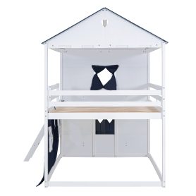 Twin Size Bunk Wood House Bed with Elegant Windows, Sills and Tent