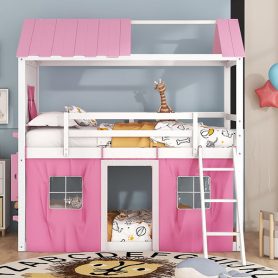 Full Size Bunk Wood House Bed with Elegant Windows, Sills and Tent