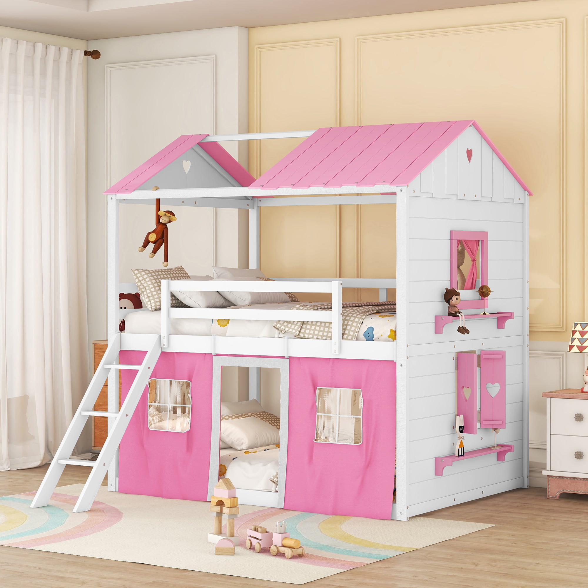 Twin Size Bunk Wood House Bed with Elegant Windows, Sills and Tent