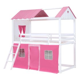 Full Size Bunk Wood House Bed with Elegant Windows, Sills and Tent