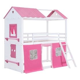 Full Size Bunk Wood House Bed with Elegant Windows, Sills and Tent