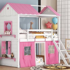 Full Size Bunk Wood House Bed with Elegant Windows, Sills and Tent
