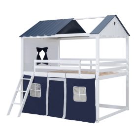 Twin Size Bunk Wood House Bed with Elegant Windows, Sills and Tent