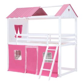 Full Size Bunk Wood House Bed with Elegant Windows, Sills and Tent