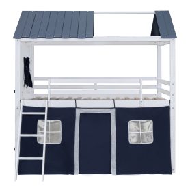 Twin Size Bunk Wood House Bed with Elegant Windows, Sills and Tent