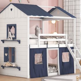 Twin Size Bunk Wood House Bed with Elegant Windows, Sills and Tent