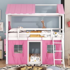 Full Size Bunk Wood House Bed with Elegant Windows, Sills and Tent