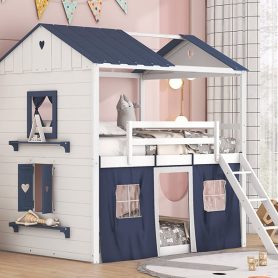 Twin Size Bunk Wood House Bed with Elegant Windows, Sills and Tent