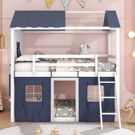 Twin Size Bunk Wood House Bed with Elegant Windows, Sills and Tent