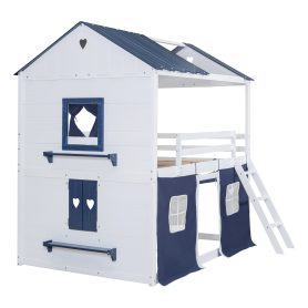 Twin Size Bunk Wood House Bed with Elegant Windows, Sills and Tent