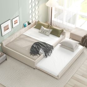 Queen Size Upholstered Platform Bed with USB and Twin Size Trundle