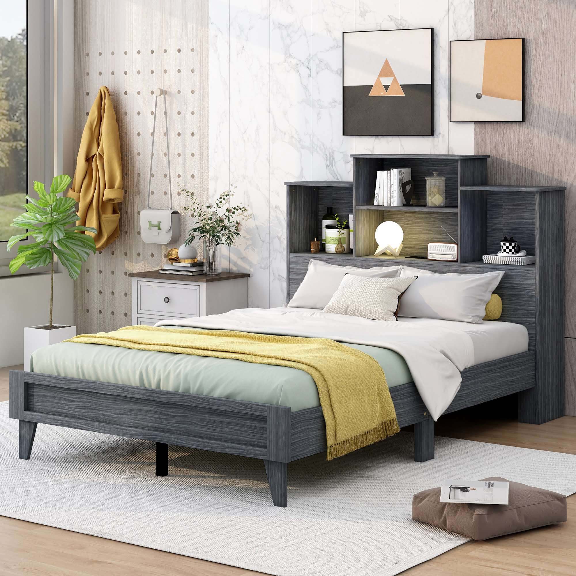 Full Size Platform Bed Frame With 4 Open Storage Shelves And USB Charging Design