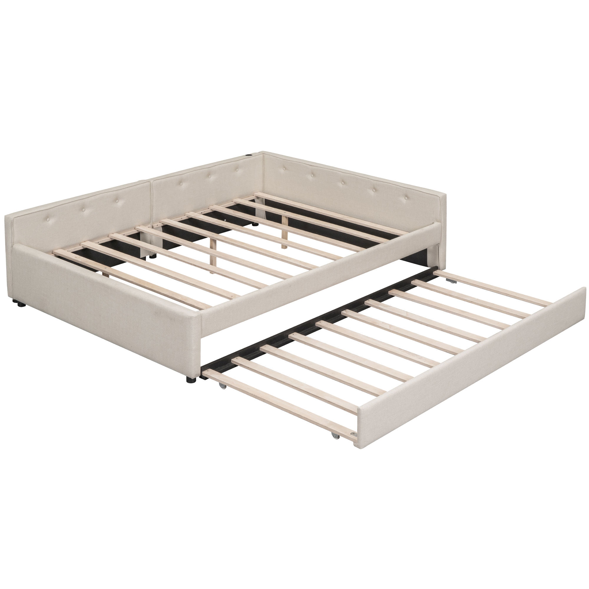 Queen Size Upholstered Platform Bed with USB and Twin Size Trundle 10 Queen Size Upholstered Platform Bed with USB and Twin Size Trundle