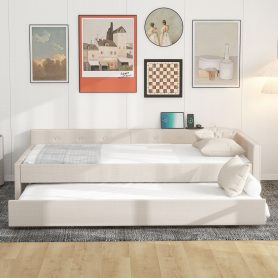 Full Size Upholstered Platform Bed with USB and Twin Size Trundle