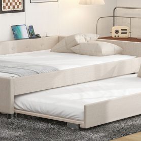 Full Size Upholstered Platform Bed with USB and Twin Size Trundle