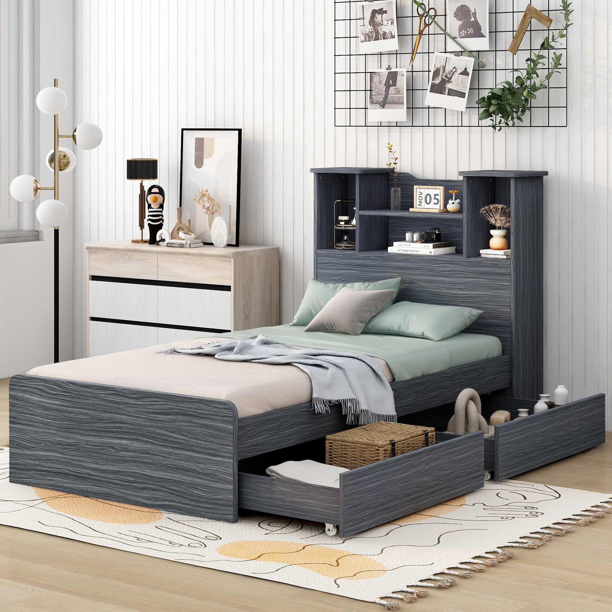 Twin Size Platform Bed Frame With 4 Open Storage Shelves And 2 Storage Drawers