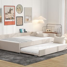 Full Size Upholstered Platform Bed with USB and Twin Size Trundle