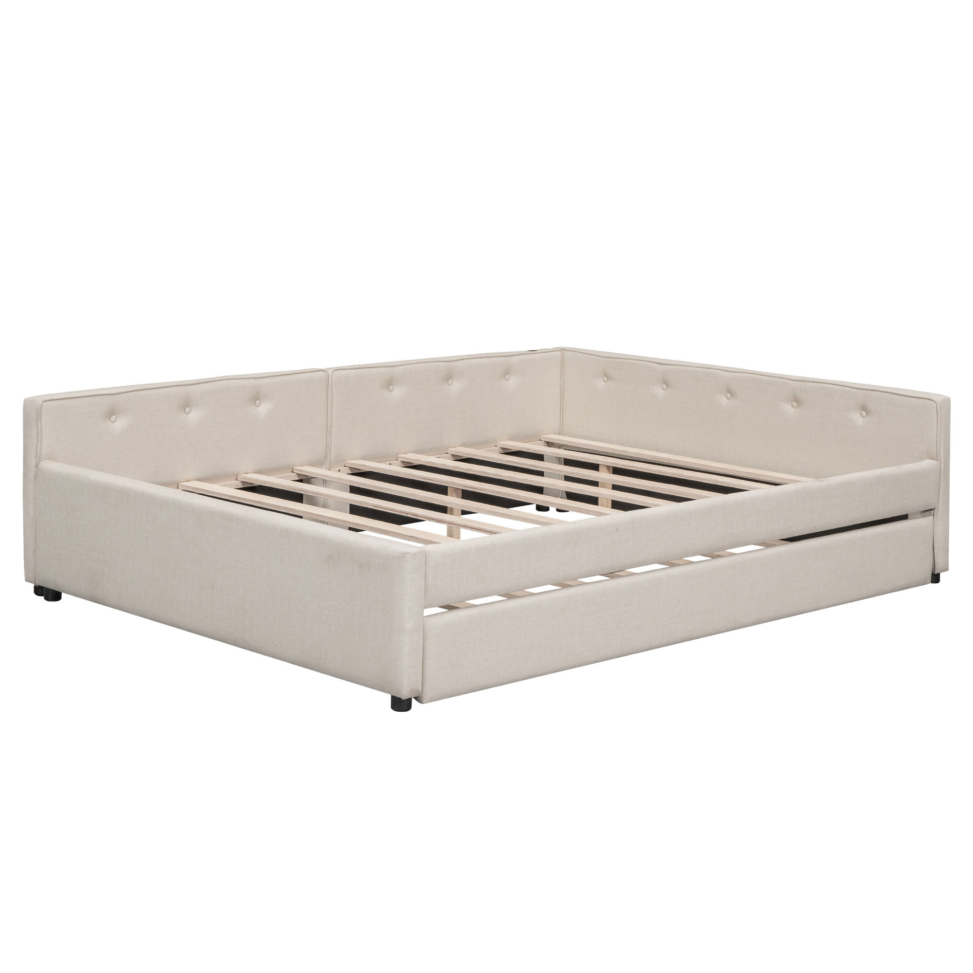 Queen Size Upholstered Platform Bed with USB and Twin Size Trundle 12 Queen Size Upholstered Platform Bed with USB and Twin Size Trundle