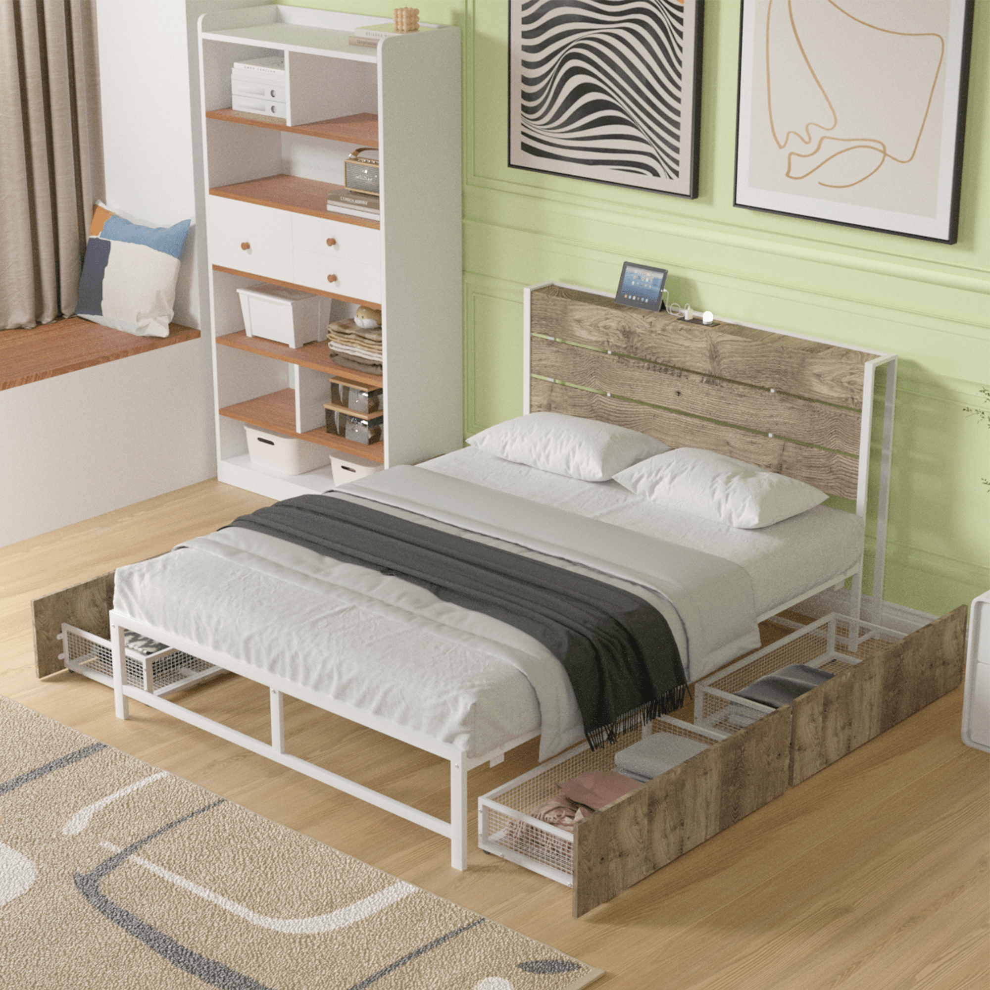 Metal Platform Bed With Four Drawers, Sockets and USB Ports, Full Size