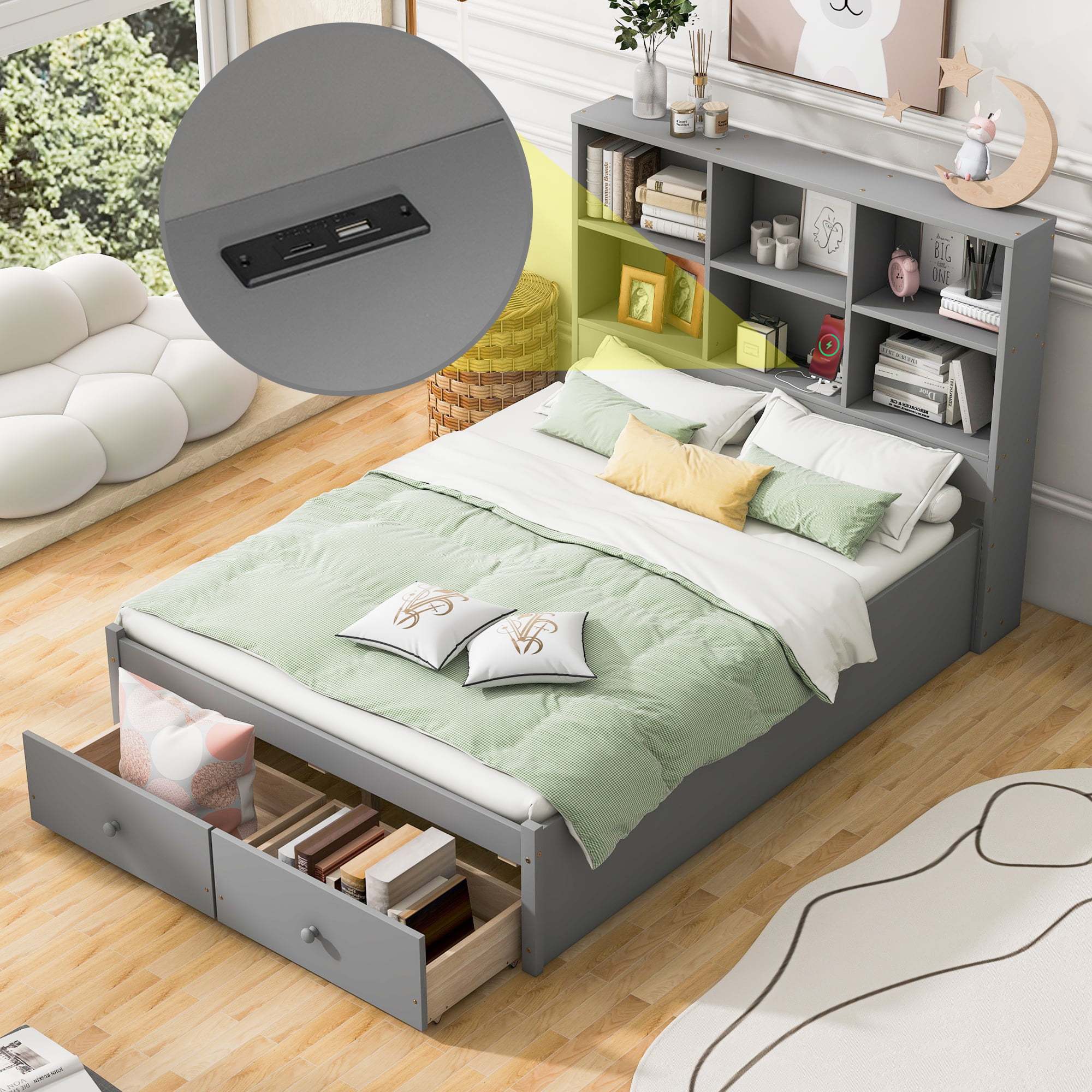 Full Size Platform Bed With Storage Headboard, Charging Station And 2 Drawers
